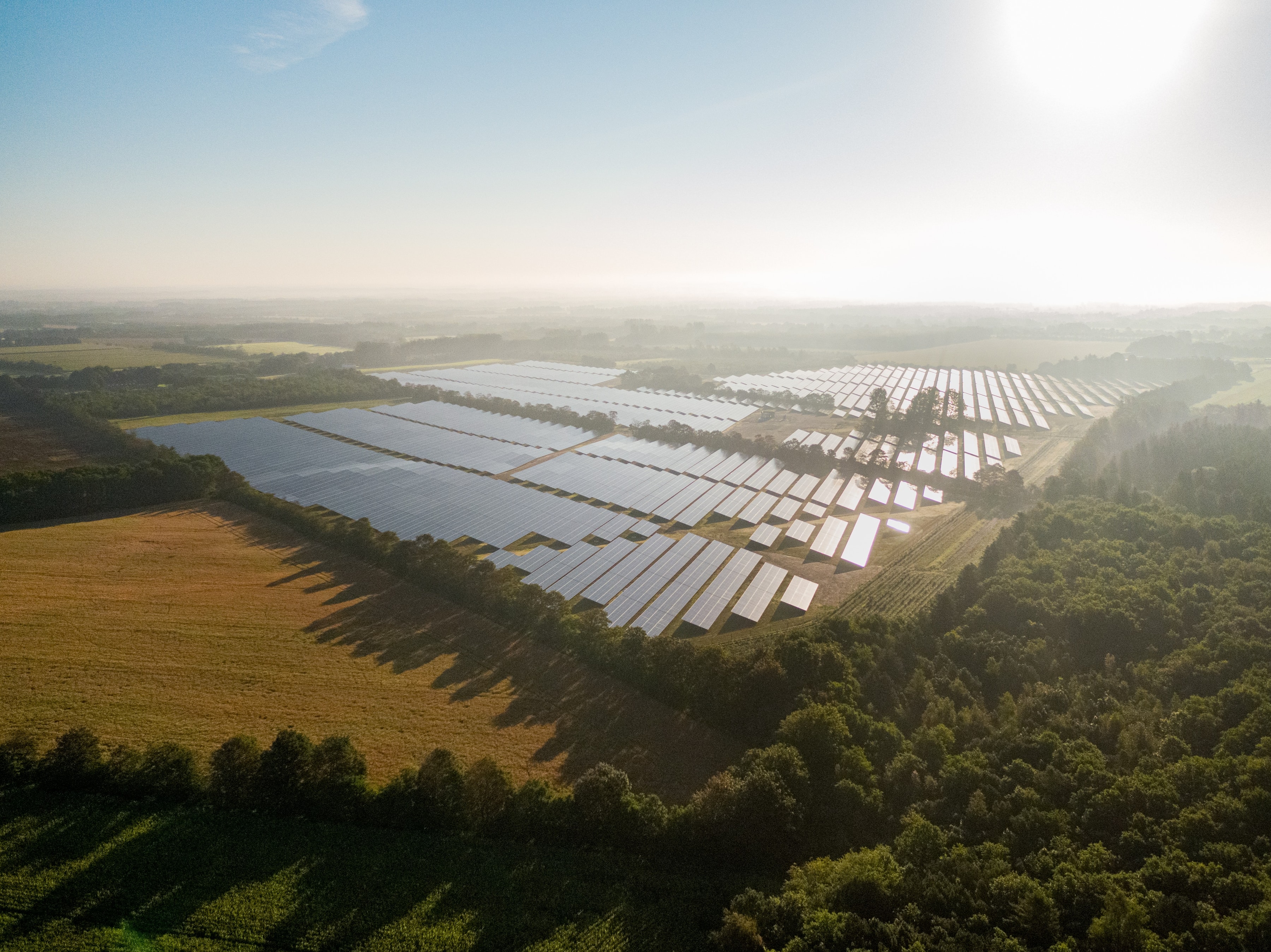 Picture of a solar park and forest seen from above